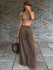 DAZY 做旧水洗腰带阔腿牛仔裤，休闲街头风牛仔女裤，春秋季 - 棕色 - 查看 5