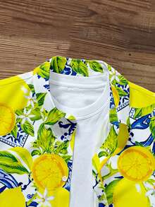 Manfinity Joysei 男士休闲度假柠檬水果印花衬衫，适合度假、外出、送朋友的礼物 - 黃色 - 查看 3