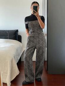 Livesso Women's Leopard Print Pocketed Casual Wide Leg Denim Jumpsuit, Autumn/Winter Spring - Coffee Brown - View 3