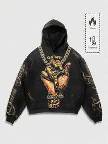 ROMWE MEN Street Life 朋克风街头印花连帽卫衣，男士秋冬款，长袖上衣 - 黑色 - 查看 3