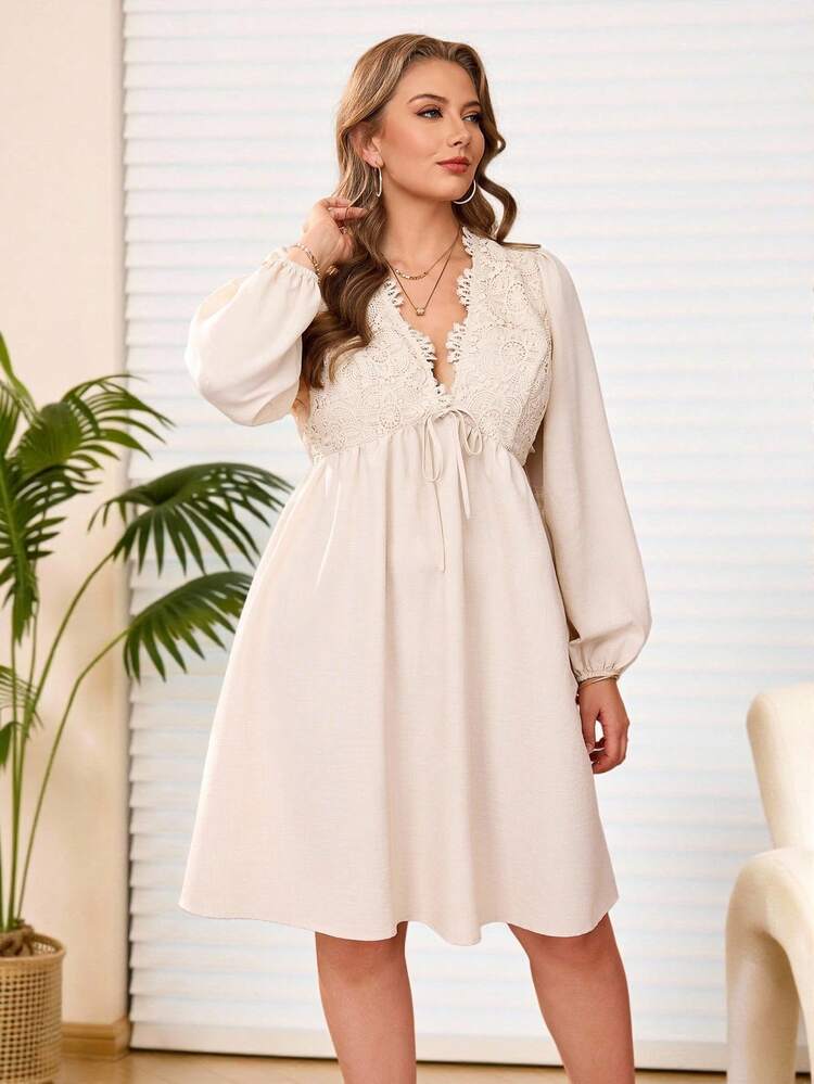 プラスサイズ女性用コントラストレースディープVネックタイフロントロングスリーブエレガントドレス
