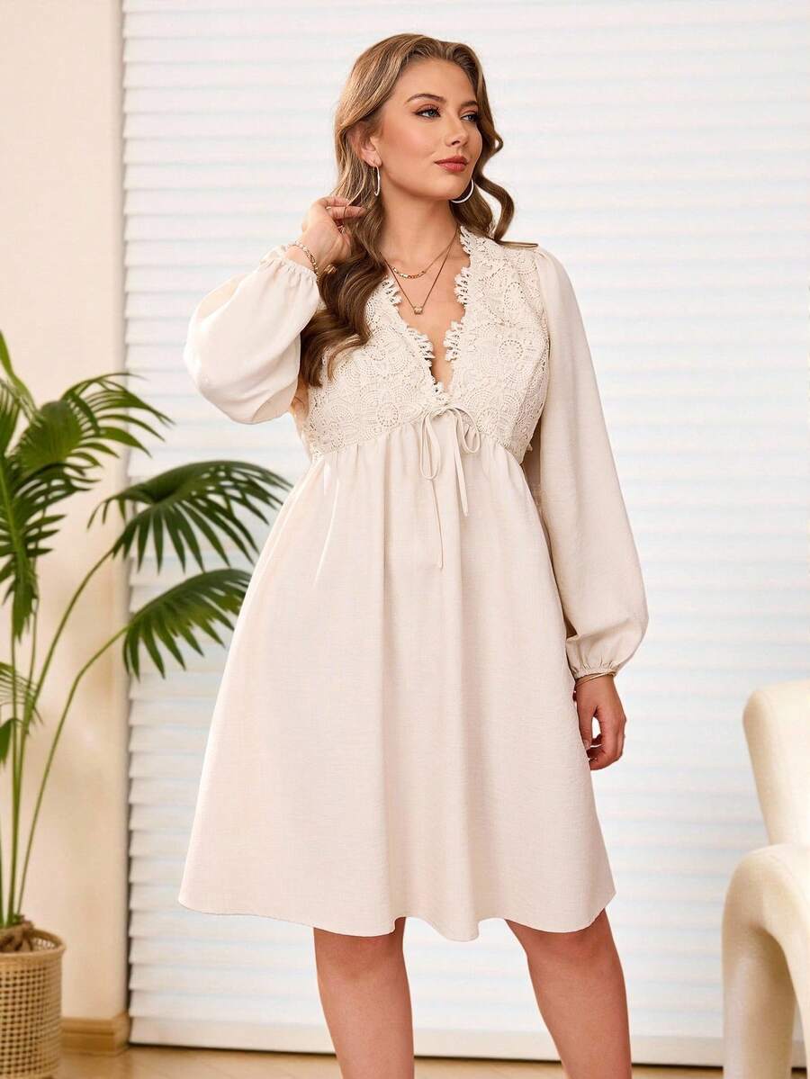 Rosumi 大码女士撞色蕾丝深V领系带长袖优雅连衣裙 - 杏色 - 查看 1