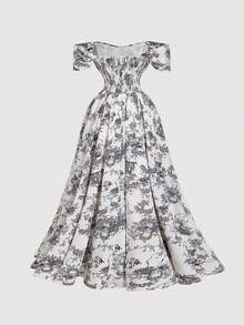 SHEIN MOD 女士复古黑白印花露肩中长连衣裙，适合派对、情人节、女士情人节服装、狂欢节、舞会礼服、生日礼服，70年代、复古、维多利亚风格复古连衣裙 - 黑與白 - 查看 3