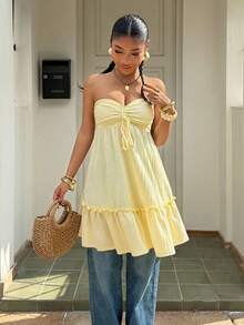 SHEIN EZwear 女士黄色针织抽绳荷叶边下摆抹胸连衣裙 - Butter Yellow - 查看 4