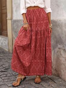 Brillora Women's Elegant Fashion Romantic Vacation Casual Elastic Waist Multi-Layer Retro Printed Skirt, Spring/Summer, Bohemian Skirt - Red - View 7
