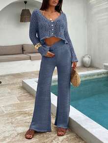 EURMUSE Boho Style Vacation Hollow Out Gold Lurex Shiny Yarn Detailed Button Down Cardigan & Wide Leg Hollow Out Crochet Wide Leg Relaxed Fit 2 Pieces Knit Set - Blue - View 1