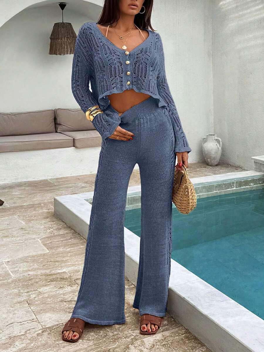 EURMUSE Boho Style Vacation Hollow Out Gold Lurex Shiny Yarn Detailed Button Down Cardigan & Wide Leg Hollow Out Crochet Wide Leg Relaxed Fit 2 Pieces Knit Set - Blue - View 1