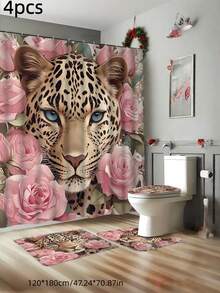 Conjunto de cortina de ducha con estampado de leopardo y rosa rosa con 12 ganchos en forma de C - Impermeable, lavable a máquina, estampado animal - Alfombra de baño impermeable y antideslizante, tapa de inodoro y juego de alfombra en forma de U Cortina de baño de 4 piezas - Juego de cortinas de baño decorativas de dibujos animados lavables a máquina, este es un conjunto de suministros decorativos de baño para fiestas adecuado para todas las temporadas y es el regalo perfecto de vacaciones para amigos y familiares. - Multicolor - Ver 17