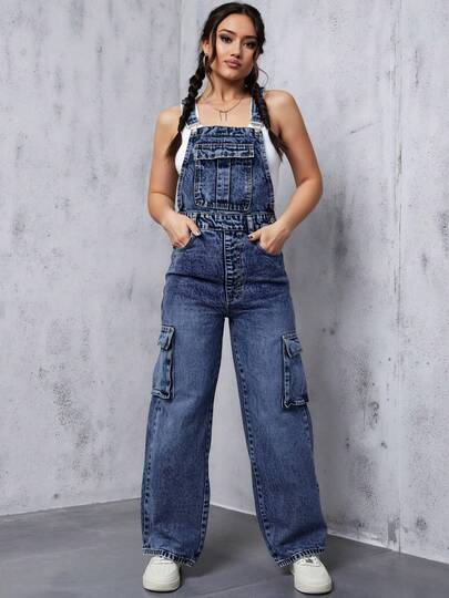 Monos de Denim Cargo de Color Azul para Mujer, Pantalones Casuales Amplios