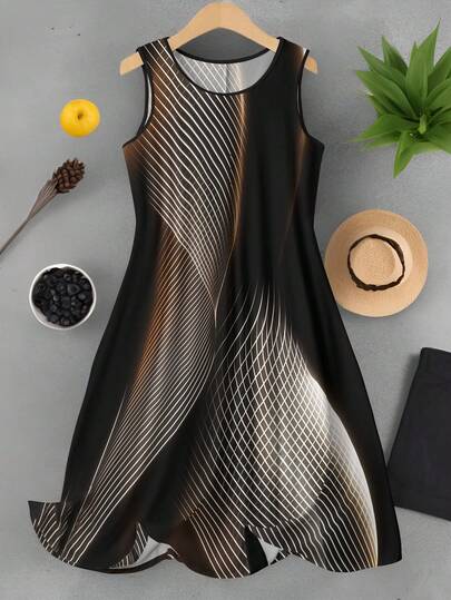 EMERY ROSE Plus Size Gradient Geometric Print Crew Neck Sleeveless Tank Dress,Casual A-Line Dress,Suitable For Vacation,Beach & Everyday Wear,Summer Women Outfits