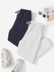 SHEIN Cottnline 2 Pcs Drawstring Waist Slant Pocket Cargo Jogger Pants - Multicolor - View 4