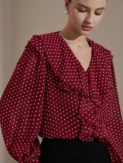 Aveloria Rosie Women's Lightweight Chiffon Blouses With A V-Neck, Loose Fit, And Long Sleeves. Features A Retro Polka Dot Print And Layered Ruffle Details. French Elegance. Suitable For Office Wear, Dates, And Autumn. Elegant Blouses For Ladies.