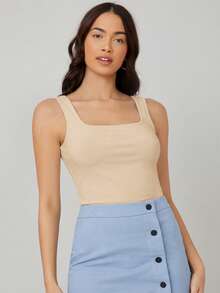 SHEIN BASICS Áo ba lỗ cổ vuông trơn - Màu be - Xem 4