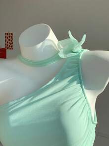 Comfortcana 女士优雅纯色3D立体花卉装饰无袖露脐中长连衣裙，夏季 - 淺綠色 - 查看 3