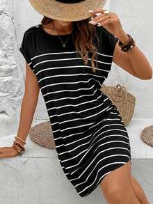 SHEIN Frenchy Striped Print Botton Short Batwing Sleeve Tee Dress,Black Dress For Women - Black - View 6