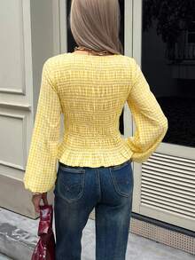 Siren Gaze 女士格子收腰圆领长袖衬衫，圣诞节女士休闲衬衫，褶裥设计，修身腰部，弹力格子衬衫 - 黃色 - 查看 2