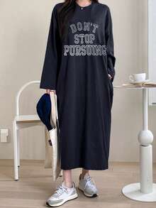 DAZY 女士字母印花宽松长袖连衣裙，春夏连衣裙 - 藏蓝色 - 查看 6