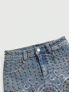 ROMWE J-Fashion 女士复古Y2K铆钉装饰超低腰迷你牛仔裙 - 藍色 - 查看 4