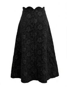 Modelyn 女士黑色提花花卉褶边腰身优雅半身裙，春夏款 - 黑色 - 查看 2