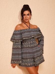 JIAN LASALA All-Over Print Woven Off-Shoulder Ruffled Neckline Flared Sleeves Halter Loose Romper Jumpsuits - Multicolor - View 8