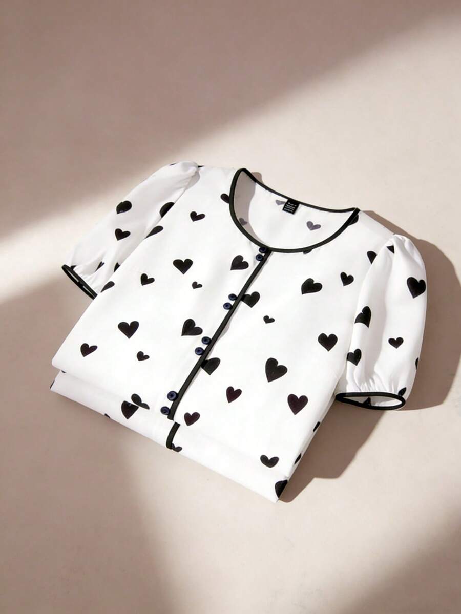 SHEIN Women's Summer Cute White And Black Heart Printed Button Short Sleeve Shirt,Casual Elegant Crew Neck Everyday Contrast Fashion Blouse - White - View 1