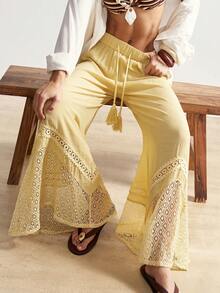Bohemela Pantalones anchos de pierna ancha, sueltos y tejidos de unicolor para mujer - Amarillo - Ver 3