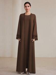 Graceveil 2pcs Women Traditional Long Dress & Abaya Coat Set Modest - Coffee Brown - View 6