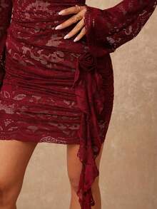 Lumalex Women's High Collar Lace Padded Shoulder Flare Sleeve Cinched Waist Ruched Flounce Hem Mini Dress ,Spring Dresses For Women,Elegant Dress - Burgundy - View 3