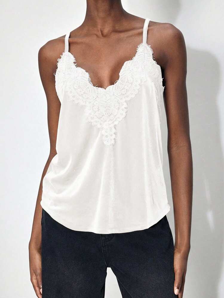 SHEIN Maija Canotta in pizzo bianco e velluto, stile urban commuter casual elegante, adatta per Ringraziamento, Natale, Capodanno, matrimoni, ufficio, look minimalista di base