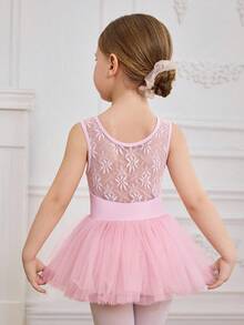 Girls (Small) Elegant & Cute Ballet Floral Lace Backless Leotard, Professional Dance Wear, Training Outfit - Pink - View 1