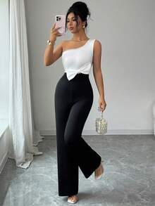 Elenzga Mono con bloque de color, lazo y decoración de perlas en el hombro, elegante para ir al trabajo, uso diario, salidas y vacaciones - Blanco y Negro - Ver 8