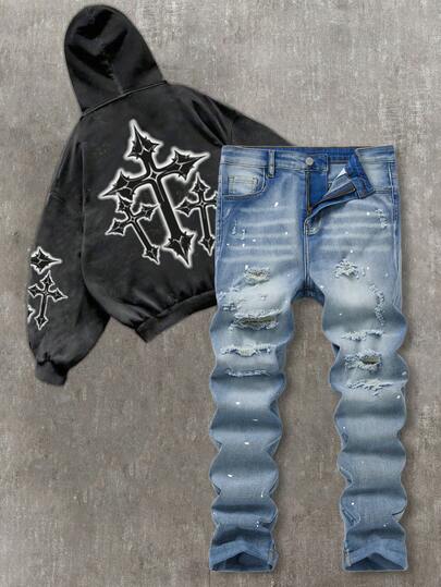 SHEIN Teen Boy Fashion Casual Y2k Vintage Cool Street Returns To School College Paint Dots For Autumn And Winter Cut Out Ripped Frayed Black Denim Fleece Sole Stretch Skinny Jeans Soft Dailywear And Winter And Fall Rave Festival And Streetwear School