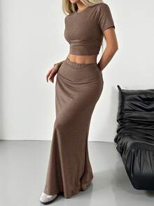 SHEIN EZwear Brown Knit Women's Slim Fit Commuter Suit - Brown - View 7