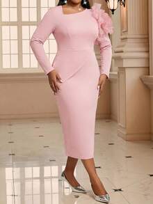 Fleurora 大码纯色简约长袖休闲连衣裙 - 粉色 - 查看 4