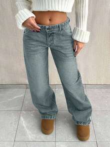 EURMUSE TALL SIZE LOW WAIST BAGGY LOOSE STRAIGHT LEG JEAN - Dusty Blue - View 6