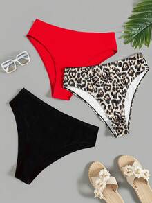 SHEIN Swim Curve 2025 Plus Size Women 3pcs/Set Assorted Floral Print Swimwear Bottom - Red - View 4
