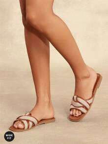 SHUZIA 女士宽楦简约休闲舒适交叉平底凉鞋 - 棕色 - 查看 4