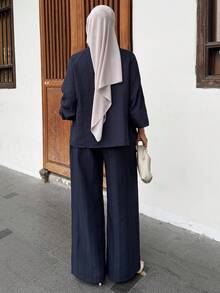 DAZY 2pcs/Set Women High Collar Puff Sleeve Casual Pants Suit - Navy Blue - View 2