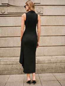 Lumivelle Valentine's Day Black Sleeveless V-Neck Dress For Women, Crossover Waist Ruched Skirt With Metal Buckle Decoration, Elegant High-Quality Dress For Daily, Commute, And Dates  Summer Dress Black Dress  Dress For Wedding Guest - Black - View 2