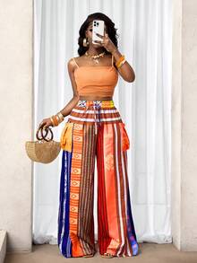 SHEIN BamGlam Pantalones rectos con estampado de rayas de colores para mujer, perfectos para vacaciones en la playa - Multicolor - Ver 7