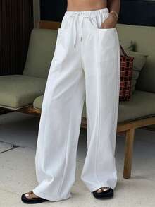 Livesso Women's Lace-Up White Pocket Casual Solid Color Pants - White - View 5