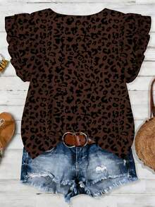 EMERY ROSE 女士新款春夏畅销豹纹圆领双层荷叶袖T恤 - 彩色 - 查看 2