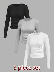 SHEIN Tall Bộ 3 Áo thun tay dài đơn giản, dễ mặc, đa năng cho nữ ngày lễ tình nhân, mùa thu và đông - Đen và trắng - Xem 1