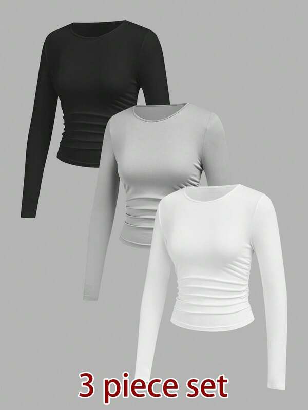 SHEIN Tall 3'lü Çoklu Paket Kadın Çok Yönlü Günlük Basit Uzun Kollu Tişört Sevgililer Günü Sonbahar ve Kış