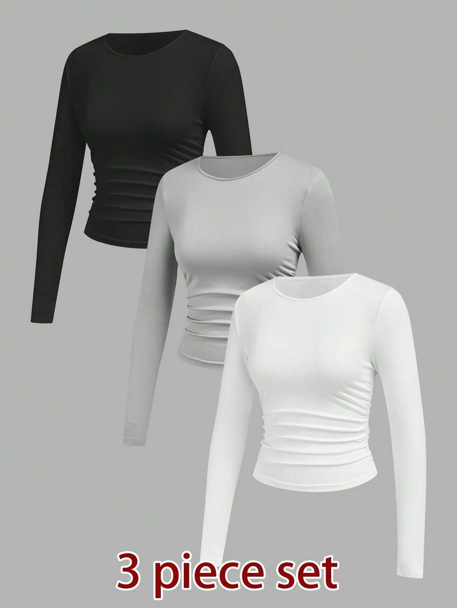 SHEIN Tall Bộ 3 Áo thun tay dài đơn giản, dễ mặc, đa năng cho nữ ngày lễ tình nhân, mùa thu và đông - Đen và trắng - Xem 1