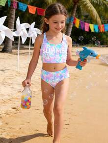 SHEIN 2件套少女彩色波浪纹弹力速干舒适针织面料沙滩装套装，适合海滩、泳池、海边、冲浪、度假、夏季、旅行 - 紫色 - 查看 4