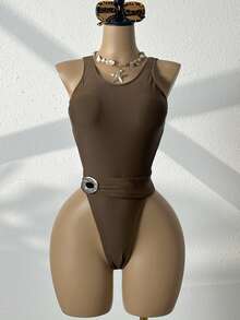 Swim SXY Premium Metal Buckle Waist Backless One-Piece Swimsuit, Slimming, Suitable For Vacation & Spa - Multicolor - View 3