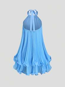 Sweetra Women's Elegant Minimalist Halter Tie Waist Pleated Dress, Summer - Blue - View 2