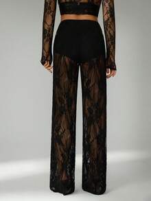 SHEIN Tall Pantalones largos de encaje transparente de unicolor para mujer, pantalones de moda, atuendos de vacaciones para mujer, pantalones transparentes de encaje, conjunto de encaje para mujer, atuendos de vacaciones para mujer - Negro - Ver 3