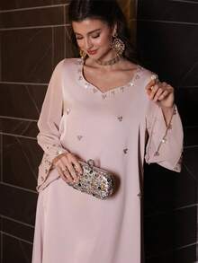 Al Najma Elegant Sweetheart Neck Studded Pearl Flare Sleeve Swing Dress, Spring/Summer